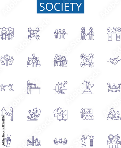 Society line icons signs set. Design collection of Society, community, culture, people, humans, civilization, organization, norms outline concept vector illustrations