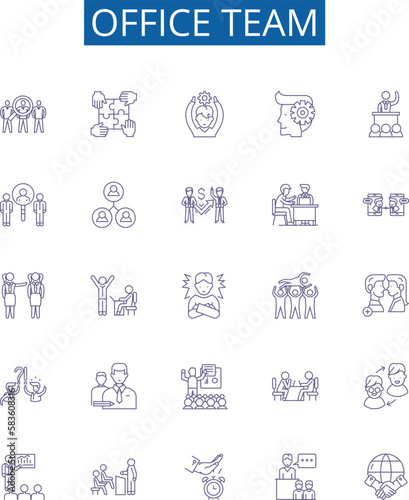 Office team line icons signs set. Design collection of Office, Team, Cooperation, Workplace, Collaboration, Organisation, Staff, Respect outline concept vector illustrations