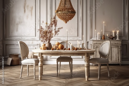 White and beige colored vintage dining room. Table mockup made of bleached wood with chairs, parquet, and a frame. design of a farmhouse interior. Generative AI