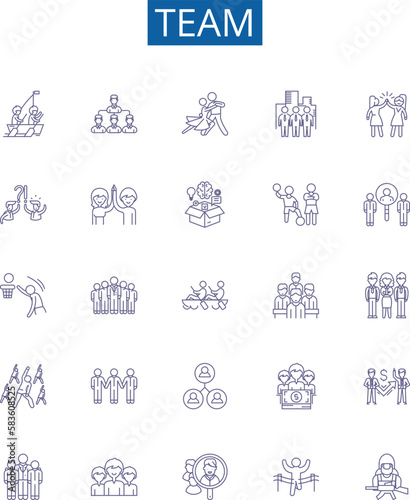 Team line icons signs set. Design collection of Squad, Crew, Group, Unit, Alliance, Faction, Club, Fraternity outline concept vector illustrations