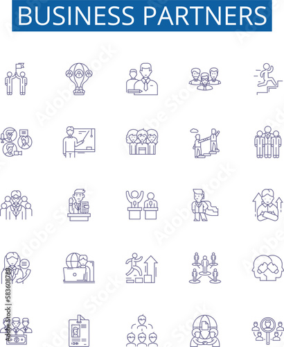 Business partners line icons signs set. Design collection of Partners, Business, Collaborators, Associates, Investment, Shareholders, Stakeholders, Investors outline concept vector illustrations
