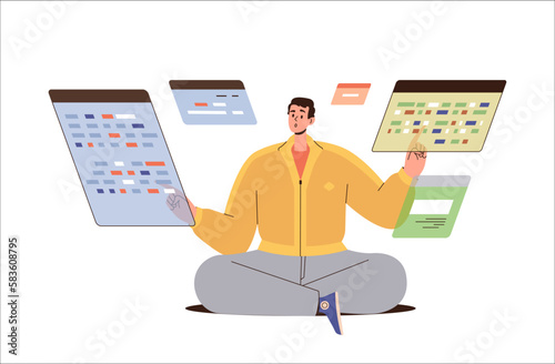 Man programmer working on virtual screen coding website or application vector illustration