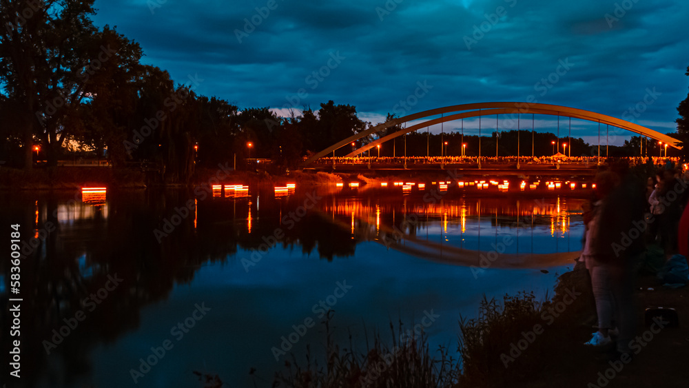 Nepomukfest 2022 at night with reflections at Plattling, Bavaria, Germany