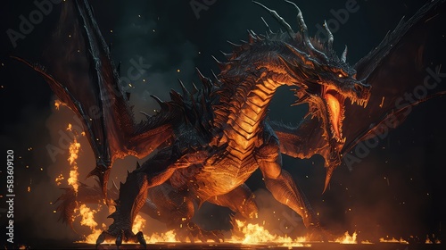 Fire breathes explode from a giant dragon in a black night. Generative Ai