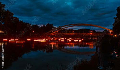 Nepomukfest 2022 at night with reflections at Plattling, Bavaria, Germany