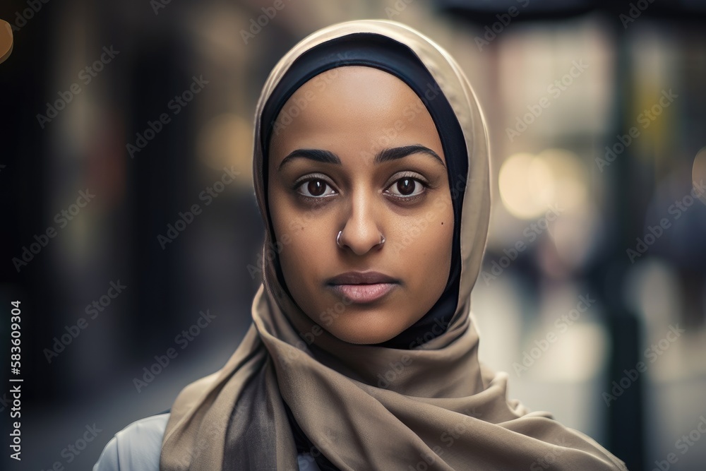 A very beautiful young woman with a hijab covering her head. Generative AI
