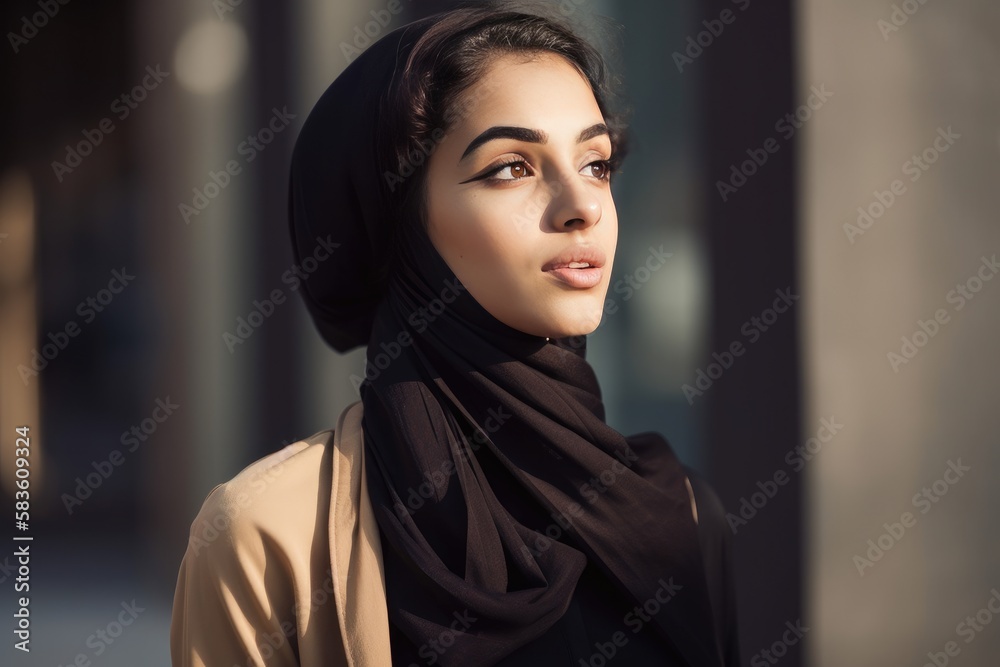 A very beautiful young woman with a hijab covering her head. Generative AI A very beautiful young woman with a hijab covering her head. Generative AI