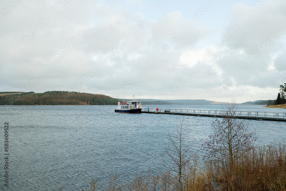 Kielder Northumberland: Jan 2023: Kielder Ferry (The Osprey) docked at pier on a winter morning