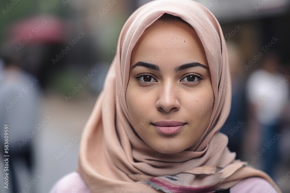 A very beautiful young woman with a hijab covering her head. Generative AI