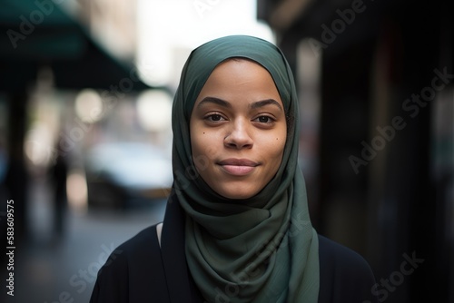 A very beautiful young woman with a hijab covering her head. Generative AI © Gelpi