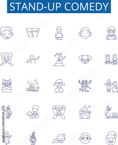 Stand-up comedy line icons signs set. Design collection of Humor, Jokes, Comedians, Spoofs, Punchlines, Laughing, Monologue, Wits outline concept vector illustrations