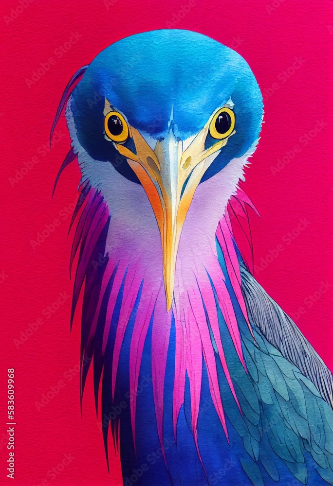 Fototapeta premium Funny adorable portrait headshot of cute heron bird. South American flying animal. Watercolor imitation illustration. AI generated vertical artistic poster.