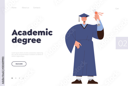 Landing page template for online education service with happy bachelor achieving academic degree