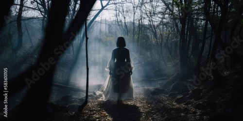 Ghostly silhouette of a faceless female ghost entity, paranormal haunting woodlands apparition wearing a white translucent robe, spirit of the forest, motion blurred - generative AI © SoulMyst