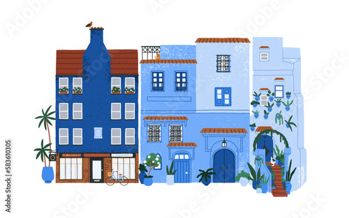 Old Morocco house. Blue Medina architecture. Moroccan exterior, traditional facade. Cozy Arabic Chefchaouen, Maroc home building. Flat vector illustration isolated on white background