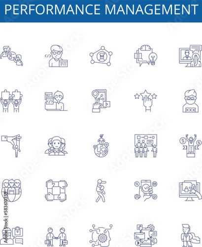 Performance management line icons signs set. Design collection of Auditing, Assessing, Coaching, Evaluating, Goal setting, Motivating, Measuring, Training outline concept vector illustrations