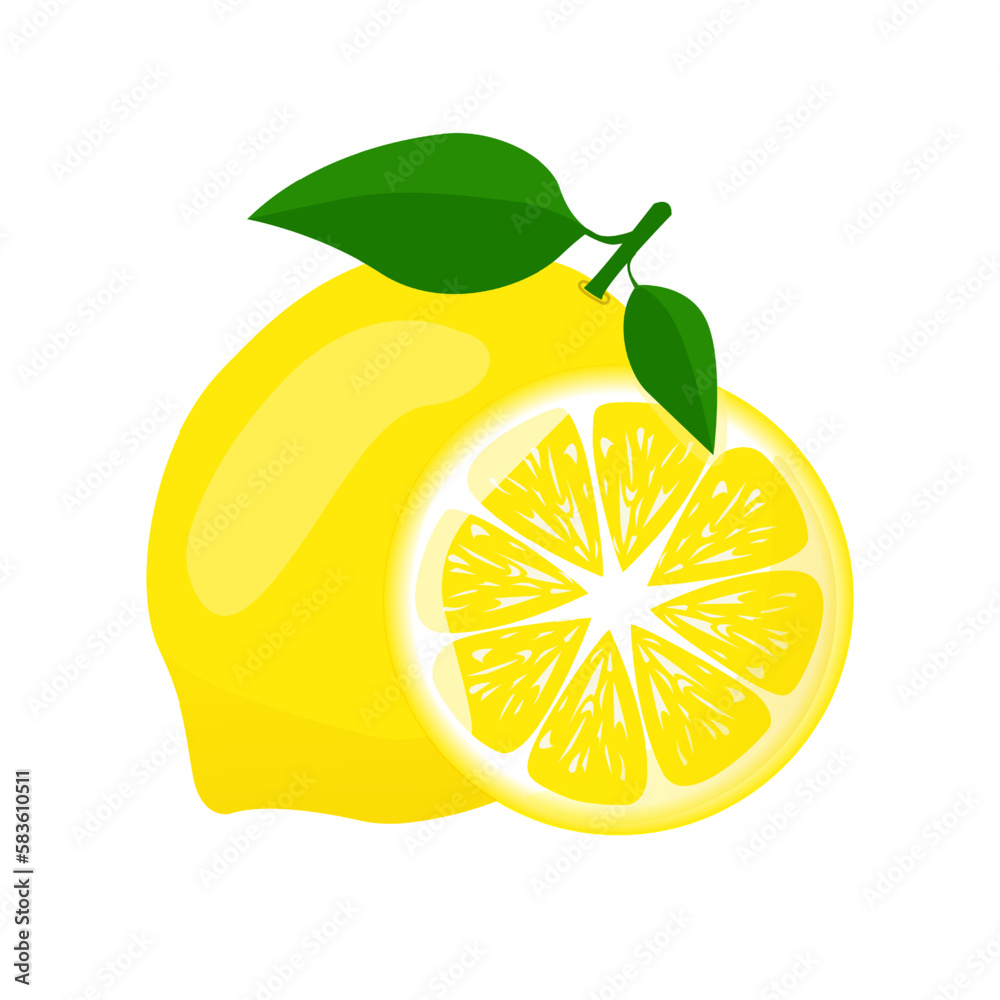 Lemon with green leaf and lemon sliced.For posters, logos, labels, banners, stickers, product packaging design, etc. Vector illustration Lemon with green leaf and lemon sliced.For posters, logos, labels, banners, stickers, product packaging design, etc. Vector illustration