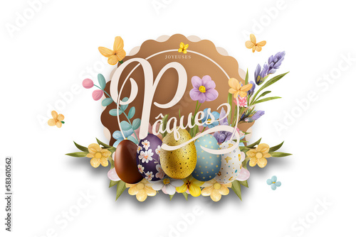 Happy Easter banner with fresh floral composition and colorful Easter eggs ontransparent background. white Text 