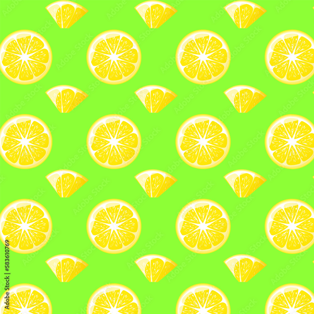 Lemon sliced Seamless pattern on neon green background. For posters, logos, labels, banners, stickers, product packaging design, etc. Vector illustration