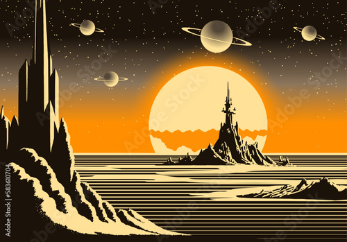 Landscape with mountains and sci-fi castle on far planet. Retro futuristic sunrise in 80s atomic era style.