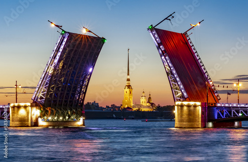 Open Palace bridge and Peter and Paul fortress at summer night, St. Petersburg, Russia