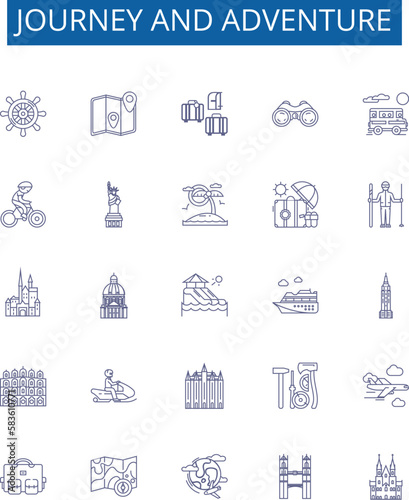 Journey and adventure line icons signs set. Design collection of Voyage, Expedition, Trek, Traverse, Roam, Expeditionary, Tour, Exploration outline concept vector illustrations