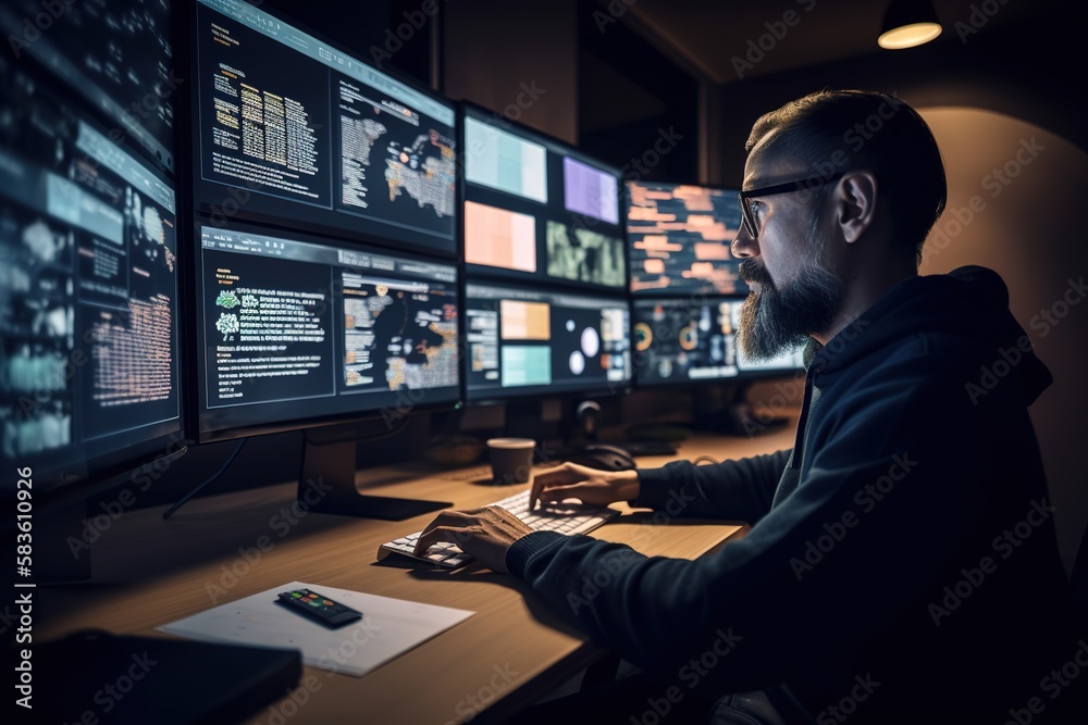 Program developer worker working at night. Generative AI Program developer worker working at night. Generative AI