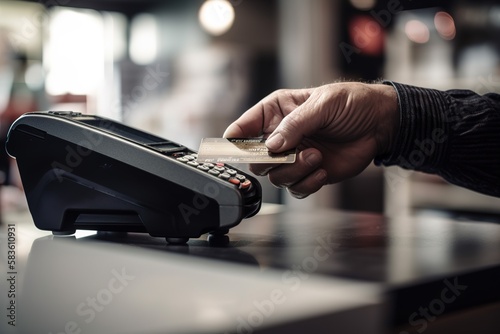 Human hand using credit card at contactless payment device. Close up shot. Generative AI photo