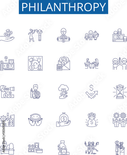 Philanthropy line icons signs set. Design collection of Charitable, Generous, Altruistic, Selfless, Humane, Giving, Altruism, Donating outline concept vector illustrations