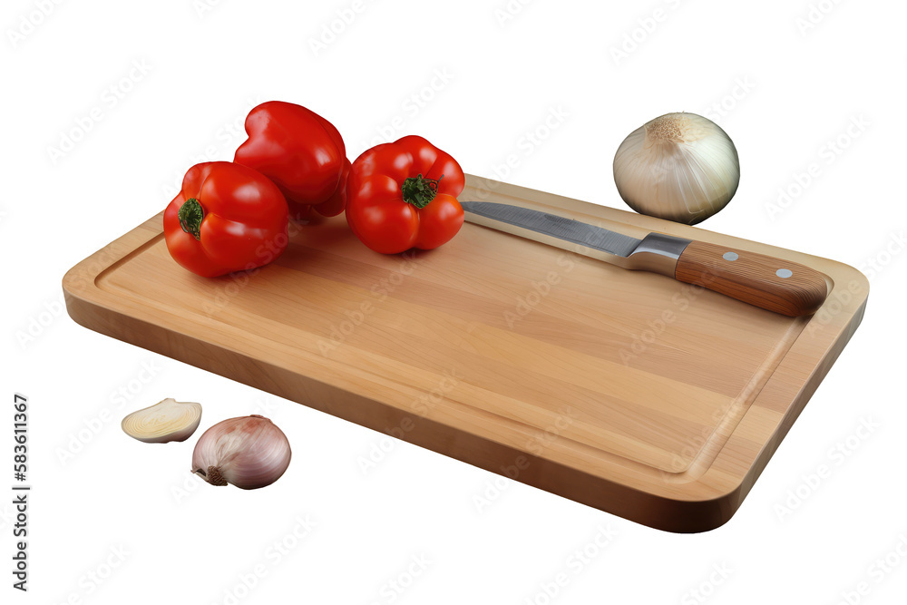 Bell peppers garlic and knife on wooden cutting board on transparent background for kitchen utensils and food concept. generative Ai