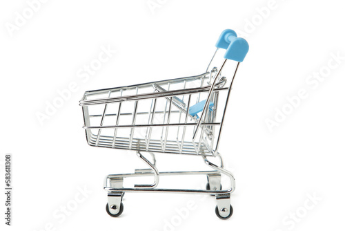 Empty mini blue shopping cart or trolley shopping isolated on white background, concept shopping in supermarket