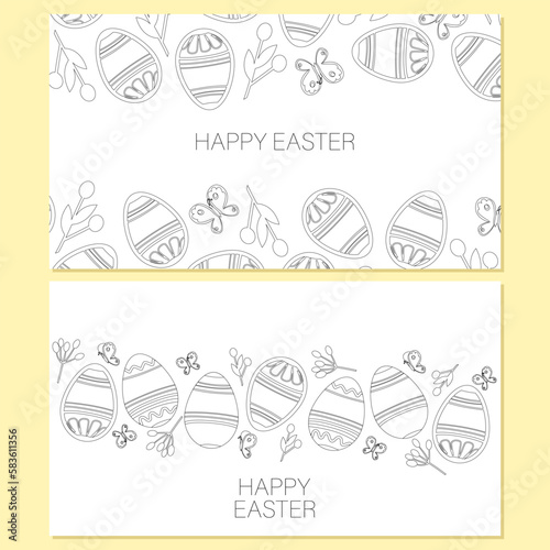 Easter eggs composition hand drawn black on white background. Decorative banner from Easter eggs with ornament and leaves. Perfect for pattern, stickers, coloring page, logo. Spring holiday drawing