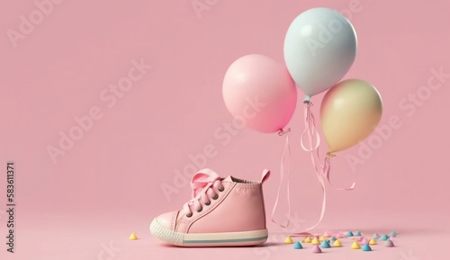Pink baby shoes with colorful balloon on pink background with space for tex. minimal hollyday concept, Generative Ai photo