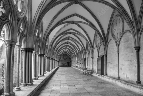 black and white of cloisters at Salisbury Cathedral Wiltshire England photo