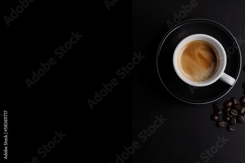 Top view of an espresso coffee cup and coffee beans with flat dark background with a lot of copy space. Concept: A hot coffee to start a day. Generative AI
