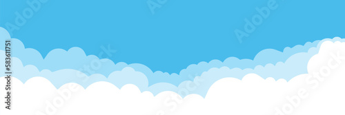 Blue sky with white clouds background. Cloud border. Simple cartoon design. Flat style vector illustration.
