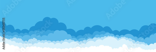 Blue sky with white clouds background. Cloud border. Simple cartoon design. Flat style vector illustration. 
