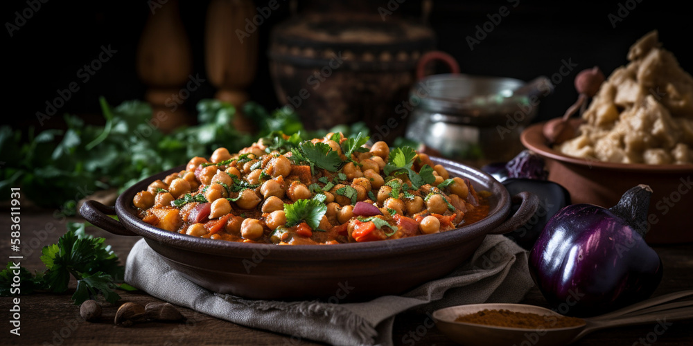 A plate of maghmour, a vegetarian stew made with chickpeas and eggplant generated by AI A plate of maghmour, a vegetarian stew made with chickpeas and eggplant generated by AI