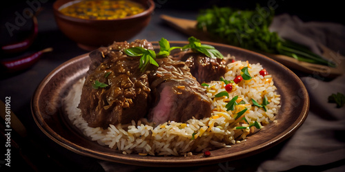 A plate of rice with lamb, a traditional Arab dish made with rice, lamb, and spices generated by AI