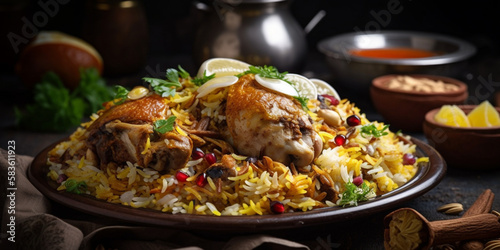 A plate of chicken biryani, an Arab dish of rice with chicken, spices, and almonds generated by AI