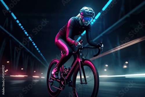 A professional female cyclist riding a road bike at night. Cinematic scene. Concept: Rider training at night. Generative ai
