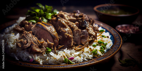 A plate of rice with lamb, a traditional Arab dish made with rice, lamb, and spices generated by AI photo