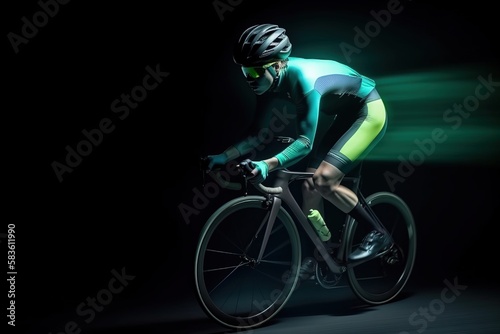 A professional cyclist riding a road bike at night. Cinematic scene. Concept: Rider training at night. Generative ai