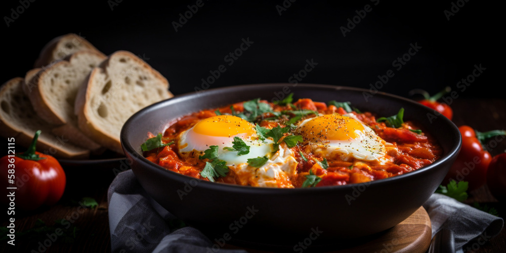 A bowl of shakshuka, poached eggs in a spicy tomato sauce with bell pepper and onion generated by AI