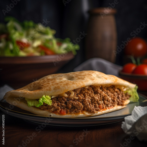 A plate of arayes, a sandwich of minced meat in a toasted pita bread generated by AI photo