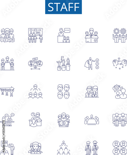 Staff line icons signs set. Design collection of Employees, Crew, Personnel, Workers, Team, Fixture, Helpers, Operatives outline concept vector illustrations