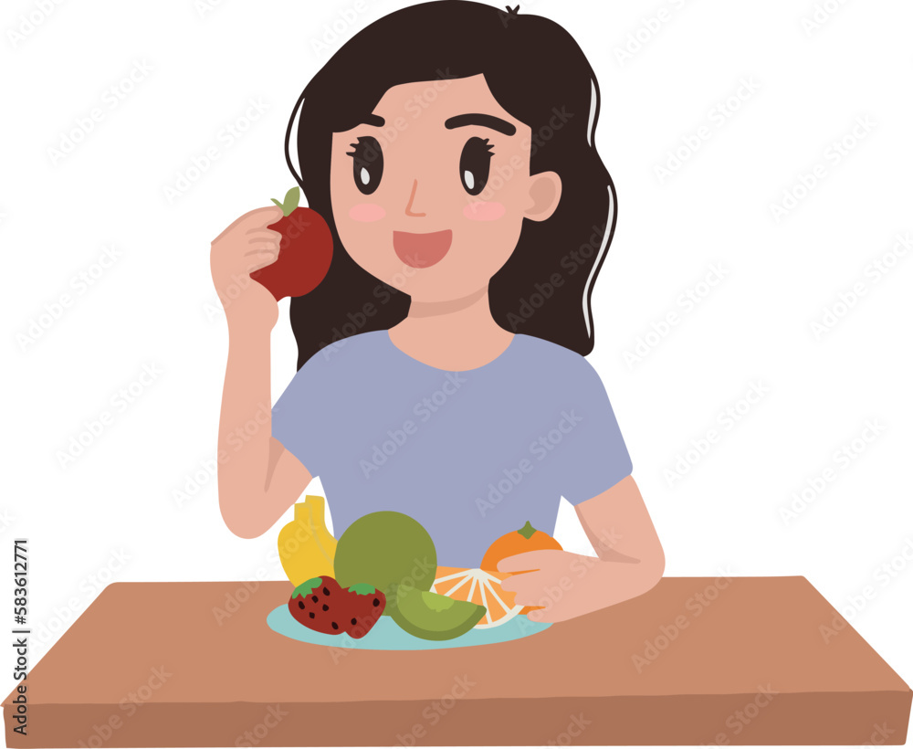 Vector of woman girl eat fruits apple strawberry orange banana on the table illustration Vector of woman girl eat fruits apple strawberry orange banana on the table illustration