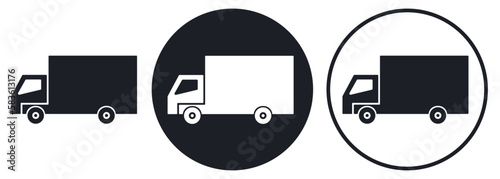 Flatbed truck icon black and white silhouette on dark and light circle background. Abstract light or low-tonnage van sketch, flat style. Vector sign or button for web design, transport service logo.