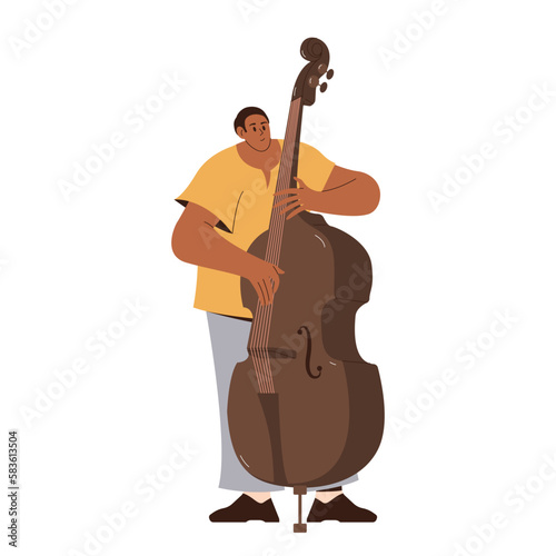 Professional male double bass player performing with big string instrument vector illustration