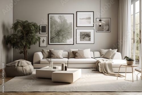 With a design neutral sofa  coffee table  mock up poster frames  carpet  d  cor  and attractive personal accessories in home decor  the modern composition in the contemporary living room interior is